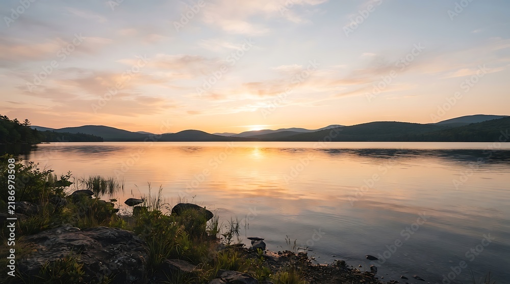 Obraz premium Golden sunset over a calm lake with soft clouds and distant hills