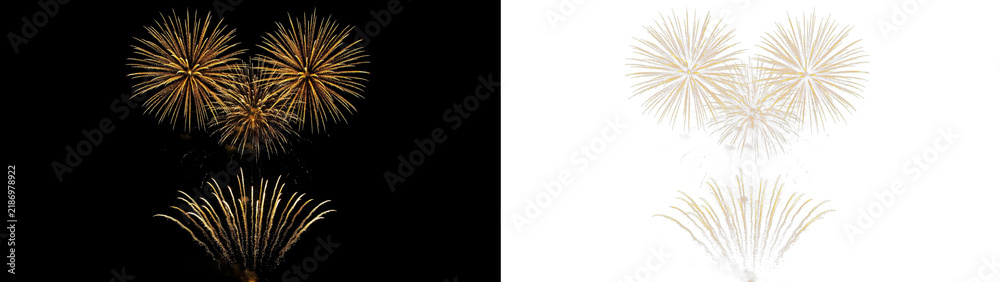 Obraz premium Golden fireworks display with multiple bursts in the night sky, capturing a festive celebration and new years eve atmosphere with bright sparkling light trails isolated on transparent background