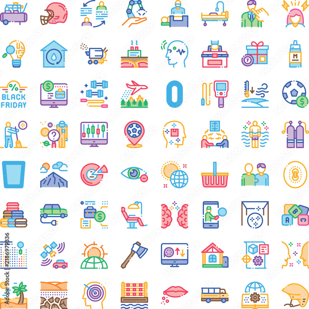 Fototapeta premium Set of assorted flat line style icons illustrating concepts from business, finance, technology, medicine, sports, and daily life on a white background