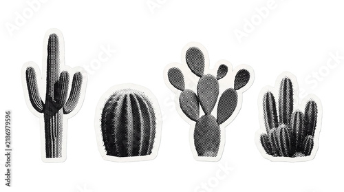 cactus retro halftone set , clean white border outline PNG