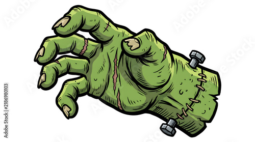 Frankenstein Monster Hand Reaching Upward, Classic Halloween Horror Digital Illustration on Transparent Background