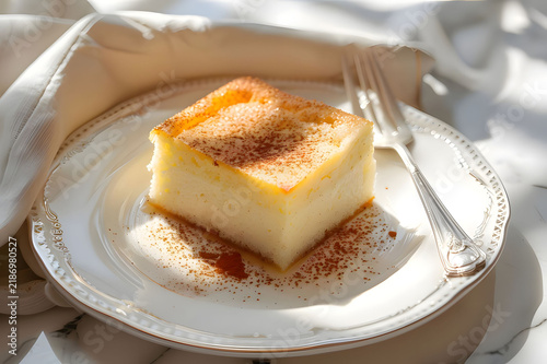 Close up of traditional greek galaktoboureko or custard pie with dessert fork
