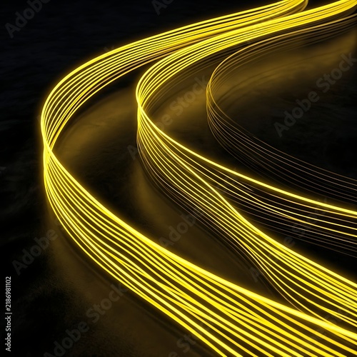 Curving thick golden light trails in perspective view.