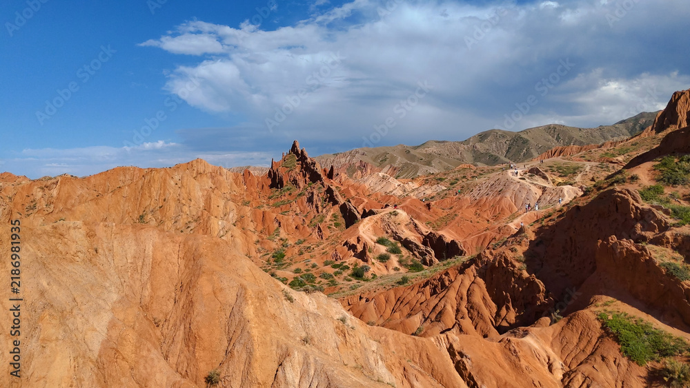 Obraz premium A canyon in Kyrgyzstan, a colorful sunset in the sky, a view from a drone