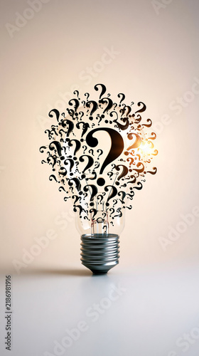 A lightbulb composed of numerous black question marks symbolizes curiosity, ideas, and the quest for knowledge and innovation.