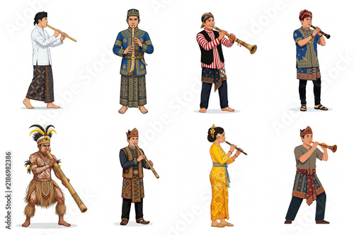Indonesian Traditional Musicians Playing Diverse Wind Instruments in Cultural Attire