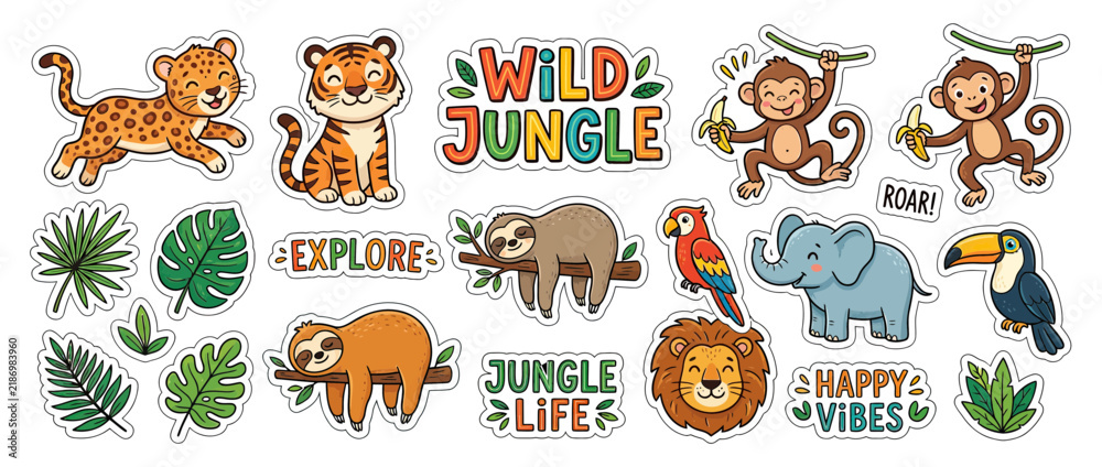 Obraz premium Cute Jungle Animals Sticker Pack with Tropical Leaves