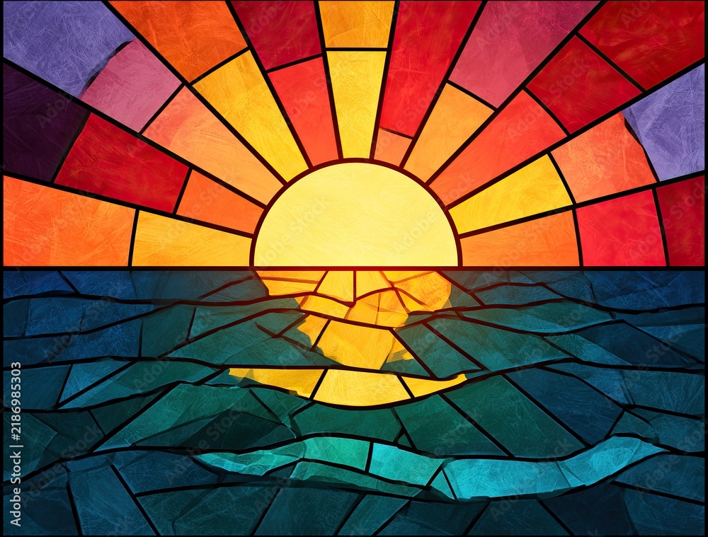 Fototapeta premium Vibrant Stained Glass Sunrise Over Reflecting Ocean Waves.