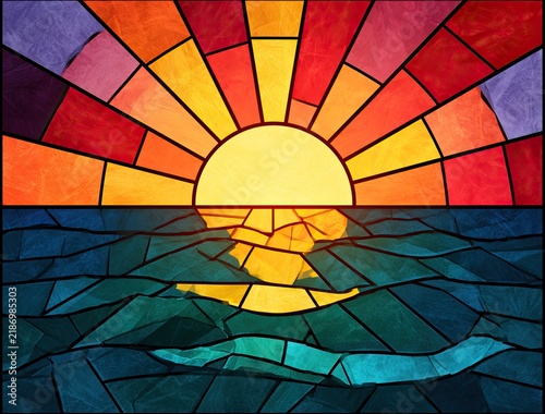 Vibrant Stained Glass Sunrise Over Reflecting Ocean Waves.
