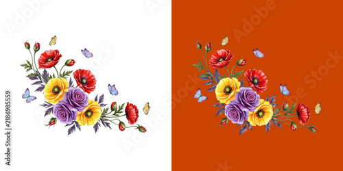 Watercolor floral corner arrangement with vibrant poppies roses and flying butterflies transparent png
