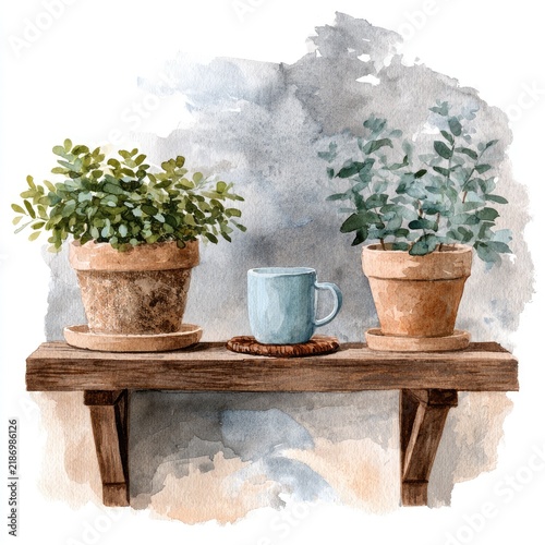 Cozy Shelf with Potted Plants and Coffee Mug Watercolor Art.