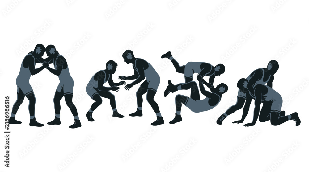 Obraz premium Professional wrestlers demonstrating dynamic grappling moves and athletic combat techniques in flat vector style illustration isolated on pure white background