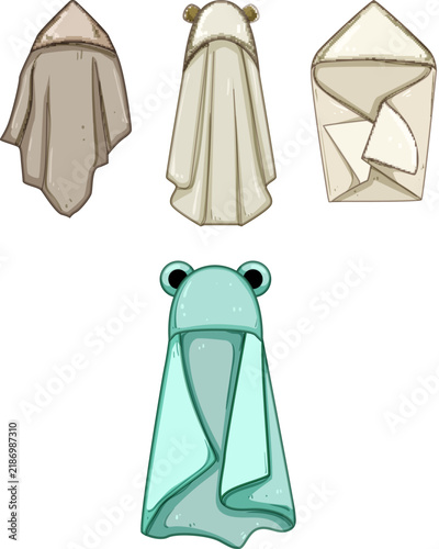Group of cute hooded baby towels, including brown, beige, and a green frog design, providing warmth and softness for newborns and infants after bath time