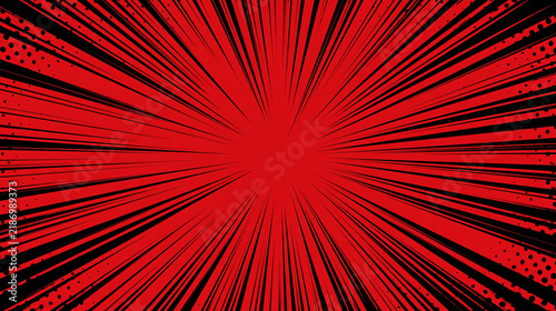 A red comic book style background with black radial speed lines and halftone dots. Perfect for high energy motion graphics and action design projects.