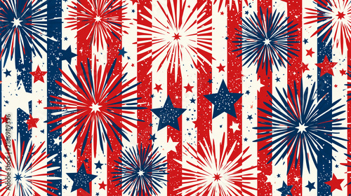 Grunge red white and blue fireworks background with stars and stripes. Use for American Independence Day or patriotic holiday event flyers.