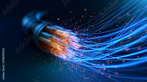 Glowing fiber optic cable transmitting data with blue light streaks on a dark background. Concept for high speed internet connectivity and telecommunications technology.