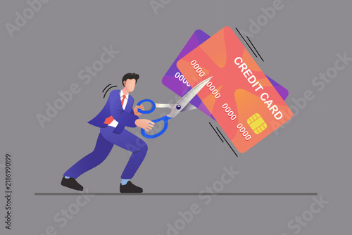 Businessman cutting giant plastic credit card with sharp scissors, suitable for debt free webinars, personal budget control presentations, and financial freedom planning guidance online landing pages.