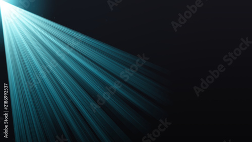 Blue light rays and volumetric beams streaming from the upper left corner into dark space, creating a dramatic stage lighting or spotlight effect