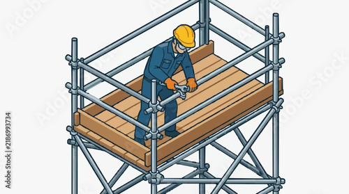 Minimalist of Worker Securing Wooden Planks on Gray Metal Scaffolding Platform with high quality professional line art symbols for modern creative design and digital branding projects