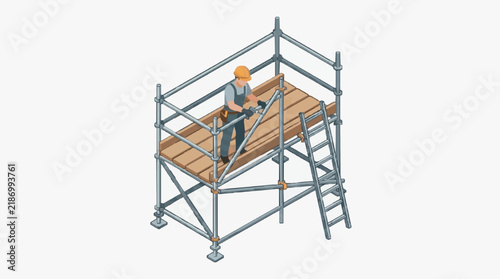Minimalist of Worker Securing Wooden Planks on Gray Metal Scaffolding Platform with Safety Gear