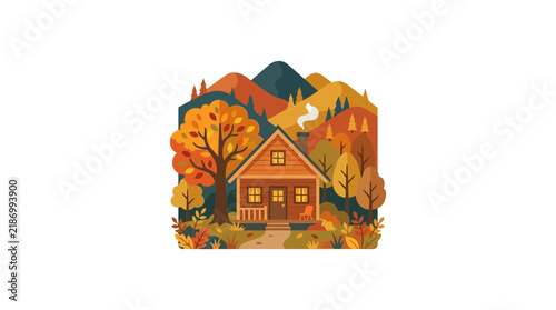 Log cabin in autumn forest badge style illustration.
