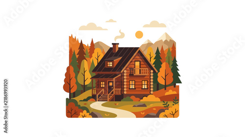 Log cabin in autumn forest with mountain backdrop.