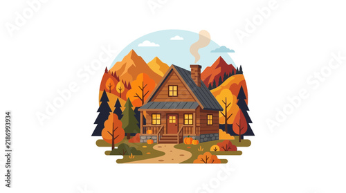 Log cabin in autumn mountains illustration.