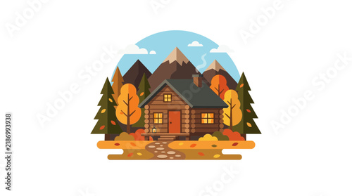 Log cabin in mountain landscape with colorful autumn trees.