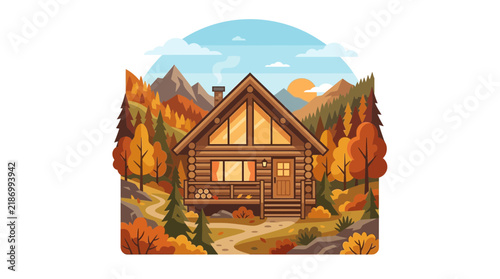 Log cabin in autumn mountain landscape
