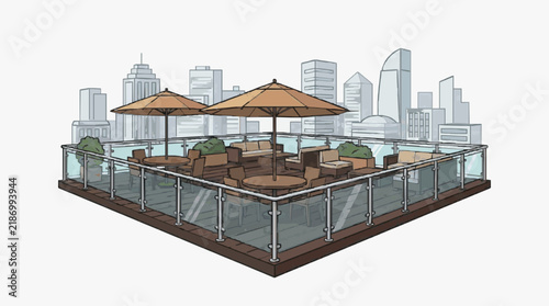 Minimalist Rooftop Lounge with Urban Skyline View Modern Glass Railings Wooden Seating Large Umbrellas and Cityscape