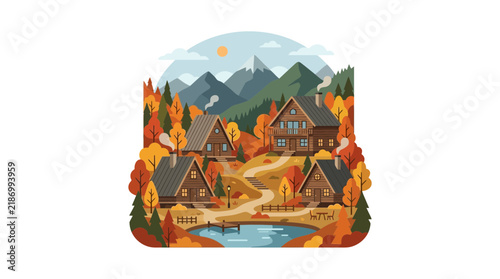 Log cabin mountain village by lake in autumn landscape.