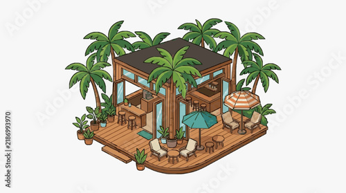 Minimalist Tropical Tiny House with Wooden Deck Palm Trees and Cozy Outdoor Seating Area with high quality professional line art symbols for modern creative design and digital branding projects