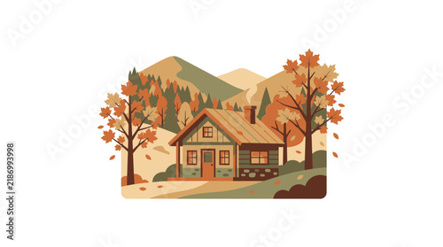 Log cabin in autumn woods with winding path.