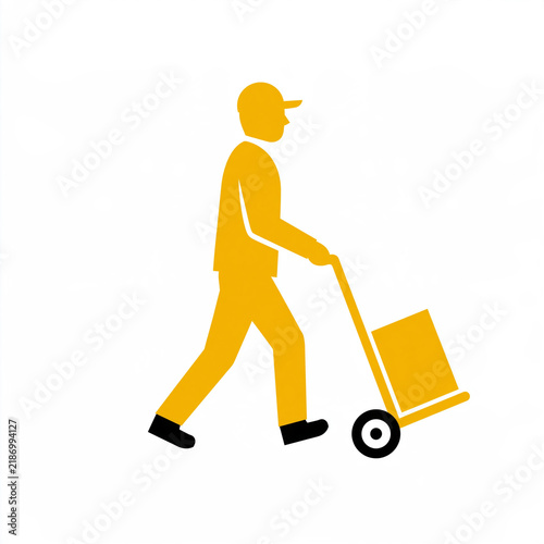 Yellow flat icon of a courier using a hand truck isolated on white background. Perfect for logistics, shipping, and delivery business service concepts.