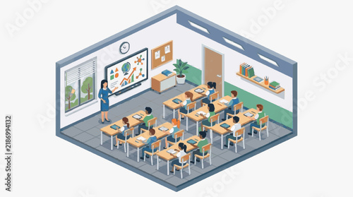 Modern Classroom Scene with Teacher and Students Using Digital Devices and Interactive Whiteboard Display