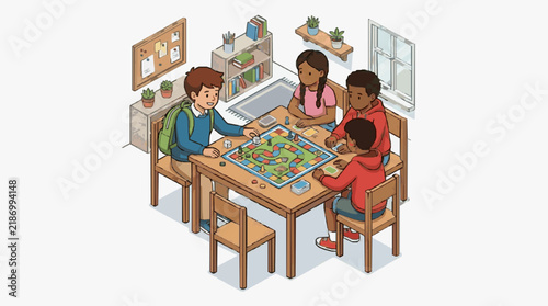 Modern Classroom Scene Children Engaged in Collaborative Board Game Activity with Colorful Pieces on Wooden Table
