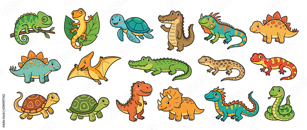 Obraz premium Cute Cartoon Reptiles and Dinosaurs Collection Isolated