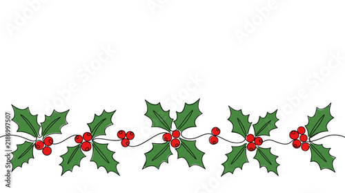 Christmas border composed of holly leaves and red berries along the bottom edge.