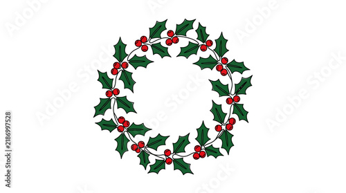 Holly wreath with green leaves and red berries isolated on a white background.
