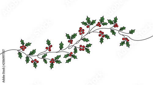 Holly vine with delicate green leaves and red berries curves gracefully across a white background.