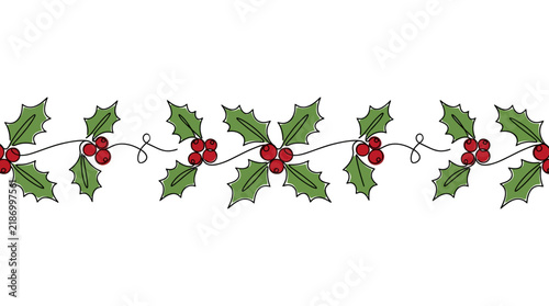 Holly border pattern with green leaves and red berries repeats horizontally across a white background.