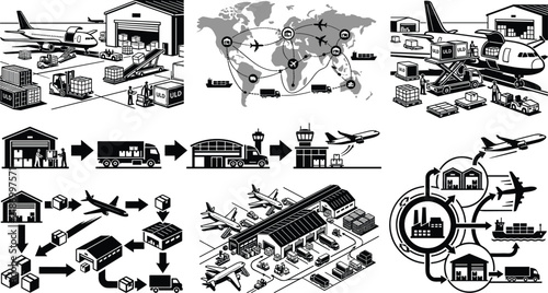 Air cargo logistics vector collection featuring airplanes, warehouses, containers, freight transport, global shipping routes, terminals, distribution, and supply chain