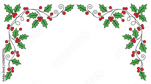 Holly corner borders frame a blank white space with green leaves, red berries, and elegant swirls.