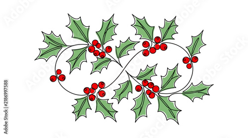 Holly garland illustration shows green leaves and red berries arranged in a decorative wavy pattern.