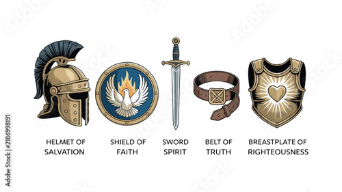 Принти на полотні Armor of God: Armor of God symbols featuring six spiritual pieces representing biblical faith, divine protection, Christian strength, spiritual warfare, and religious devotion