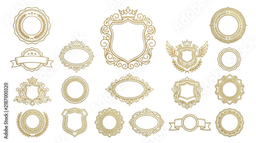 Elegant Golden Heraldic Crests, Badges, and Frames on Transparent Background
