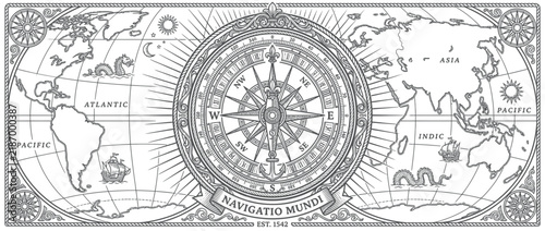 Obraz na płótnie Vintage World Map with Compass Rose and Nautical Elements