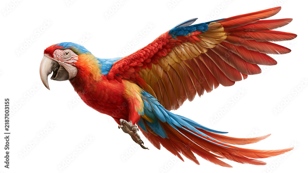 Obraz premium Vibrant red and blue macaw parrot in flight with outstretched wings, isolated on transparent background