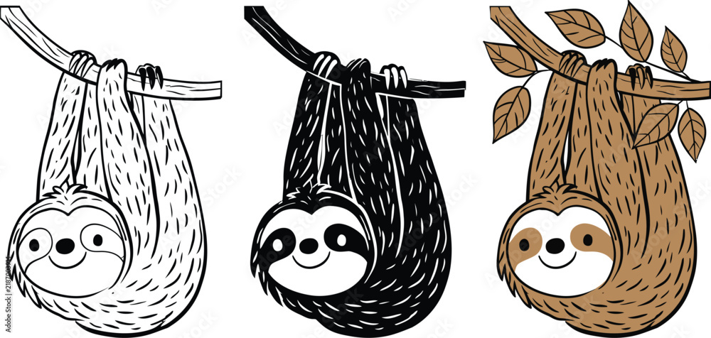 Obraz premium Sloth illustration set hanging from tree branch