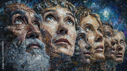 A captivating mosaic artwork featuring human faces of various ages and backgrounds, conveying a sense of unity and diversity under a starry sky, with intricate details and thoughtful expressions.